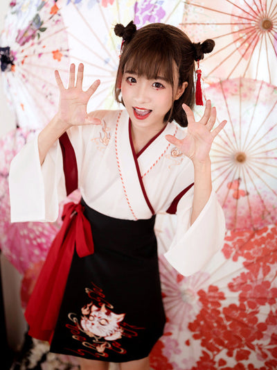 Japanesex Dress Kimono Woman Black White Cat Embroidery Skirts Vintage Asian Clothing Yukata Haori Cosplay Party 2 Pieces Sets