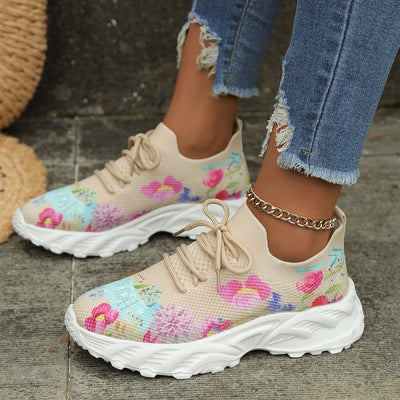Sports Shoes Flowers Print Walking Sneakers Casual Breathable Lace-